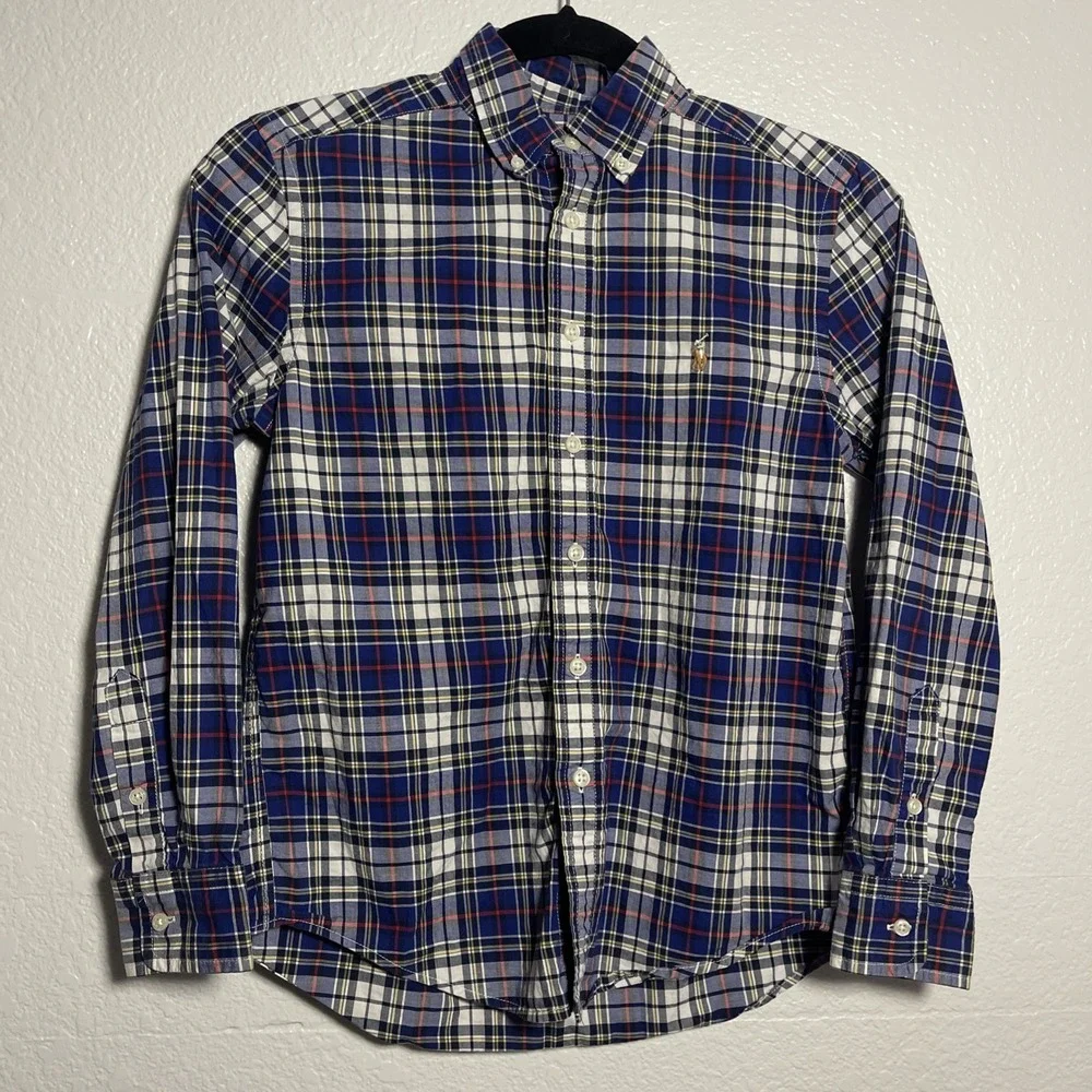 Ralph Lauren Boys M 10-12 Blue‎ Plaid Long Sleeve Button Down Shirt